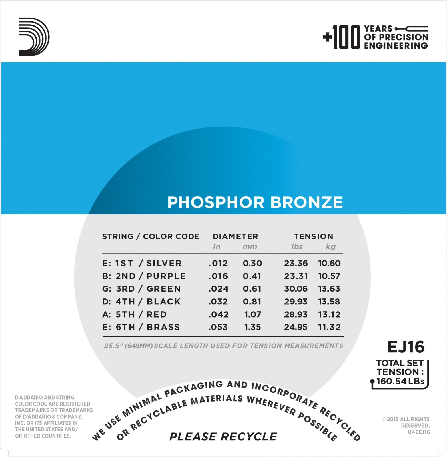 A chart displays the color-coded diameters and tensions of DAddario EJ16 Phosphor Bronze Acoustic Guitar Strings (Light 12-53 set), featuring a blue circular design, recycling message, and a total set tension of 160.54 lbs.