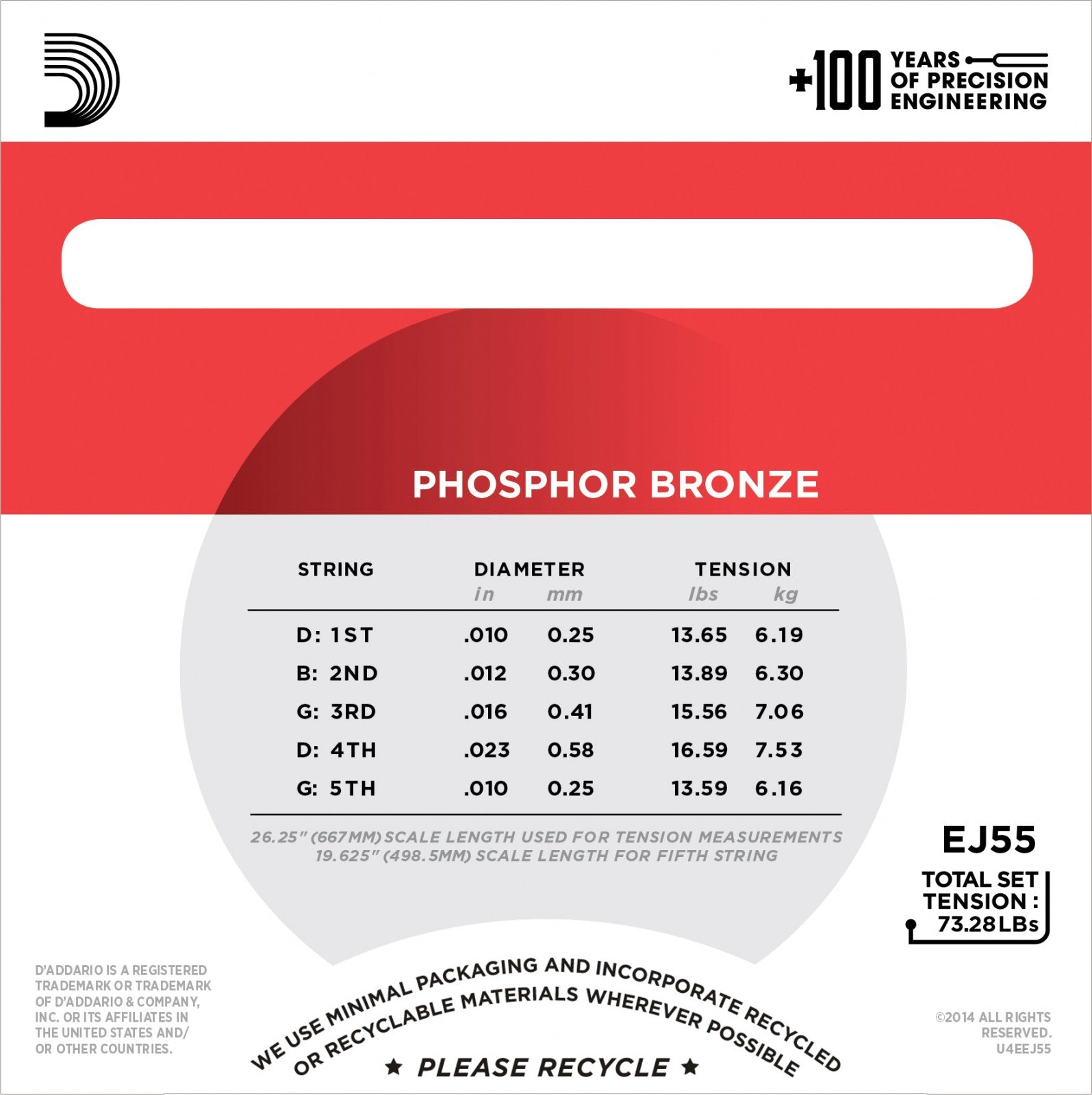D'Addario EJ55 Phosphor Bronze 5 String Banjo Strings - Medium 10-23