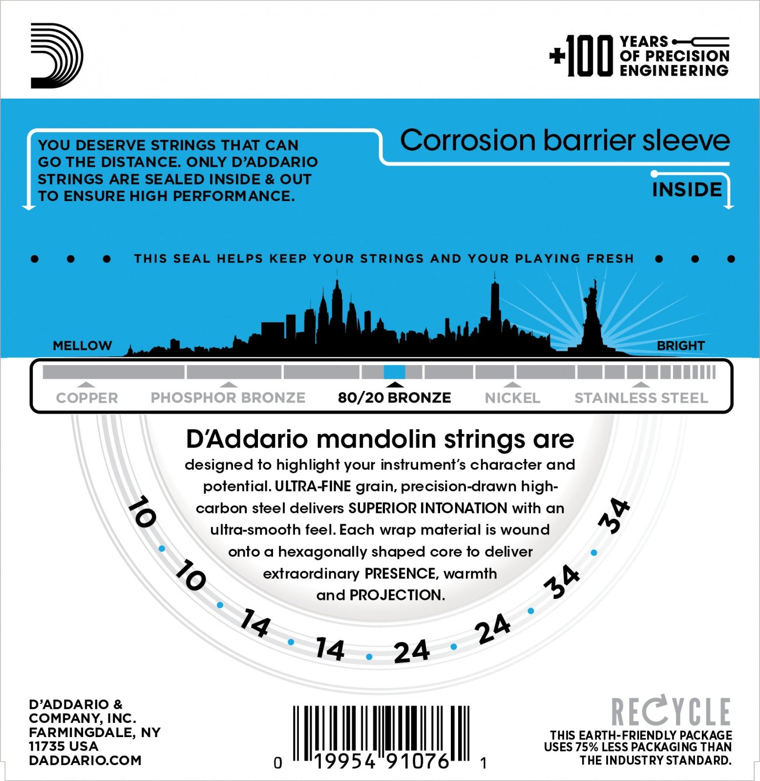 D'Addario EJ62 Bronze 80/20 Mandolin Strings - Light 10-34