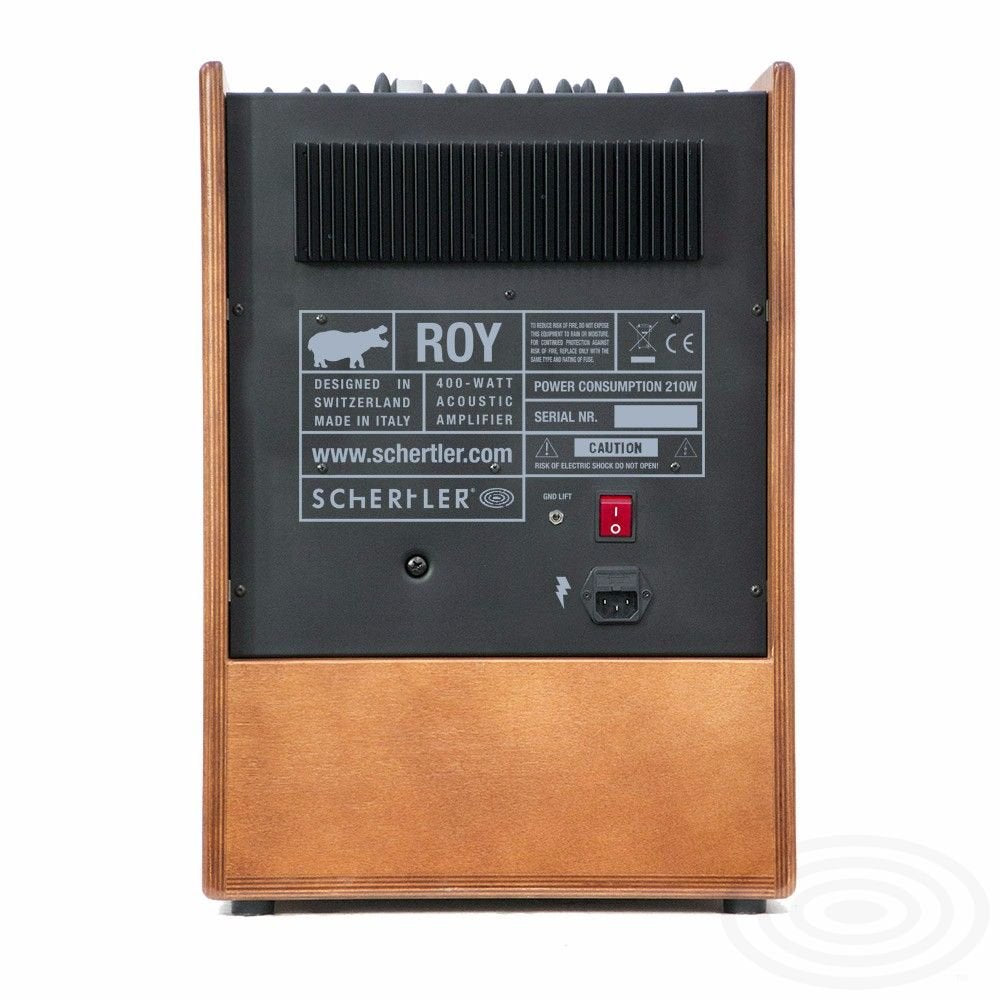 Rear view of an AER The Acoustic People (Floor Model) Schertler Amp ROY - Wood, showing brown wood paneling, black vent, power switch, input, labels with technical details and “Made in Italy.”.
