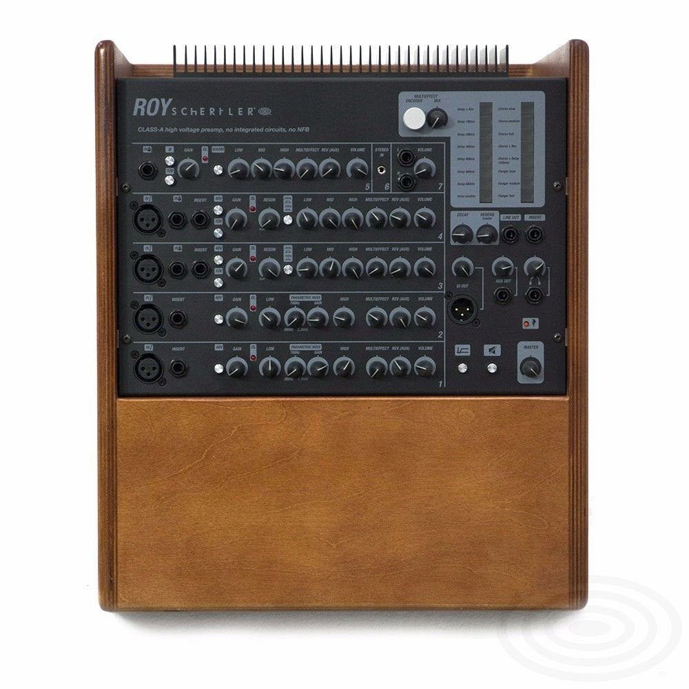 The (Floor Model) Schertler Amp ROY - Wood by AER The Acoustic People features a wooden frame, multiple controls and labeled ports, ideal for use with an acoustic instrument amplifier or combo amp.
